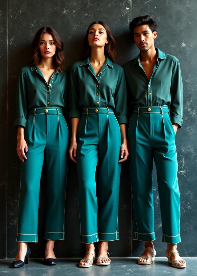 Diverse creative professionals wearing geometric pattern trousers and shirts