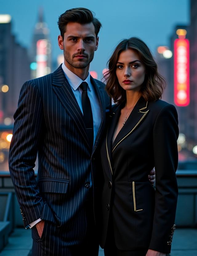 Tall professional woman in a geometric art deco suit and petite woman in tailored blazer standing against a New York skyline background.