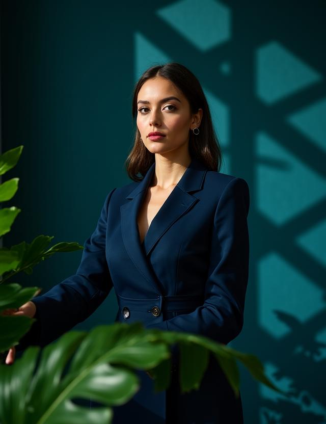 Model wearing a structured sustainable blazer against a botanical backdrop with Art Deco shadows